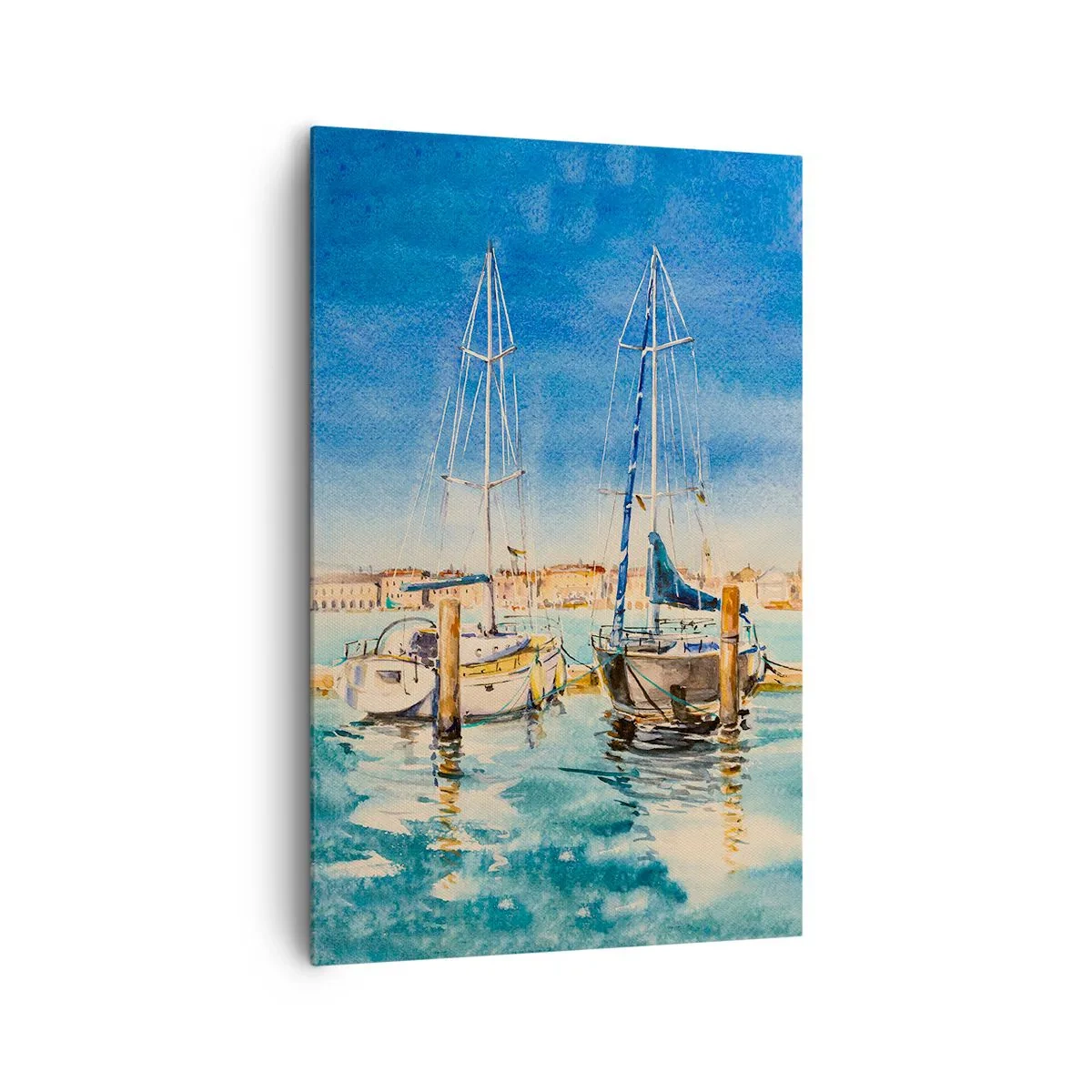 Obraz na płótnie - Marina z łodziami na tle błękitnej laguny - 80x120cm - Słoneczna laguna - Nowoczesna dekoracja ścienna do salonu i sypialni ARTTOR