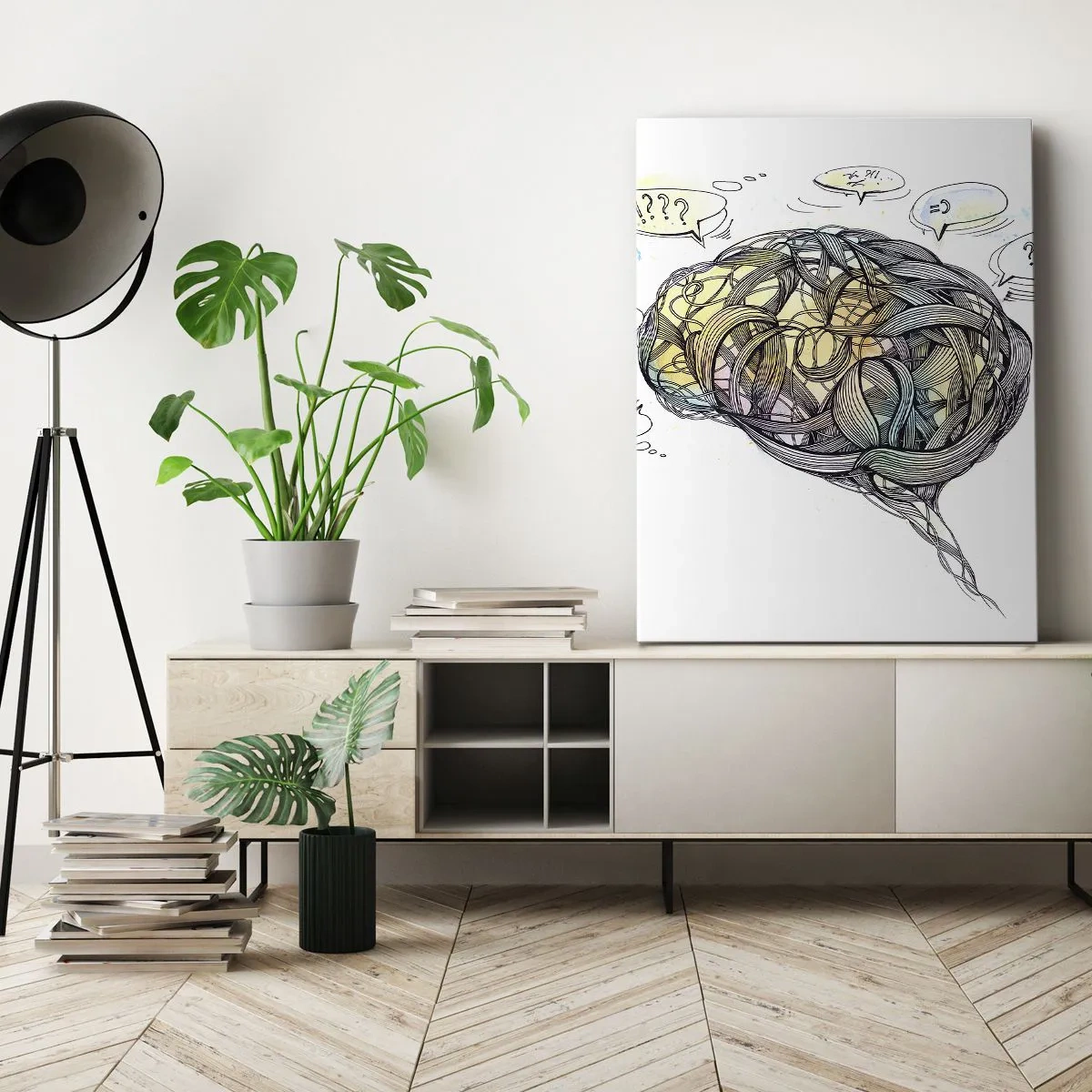 Obraz na płótnie - Abstrakcyjny rysunek mózgu splecionego z linii i myśli - 50x70cm - Człowiek - wielka zagadka - Nowoczesna dekoracja ścienna do salonu, kuchni i sypialni ARTTOR