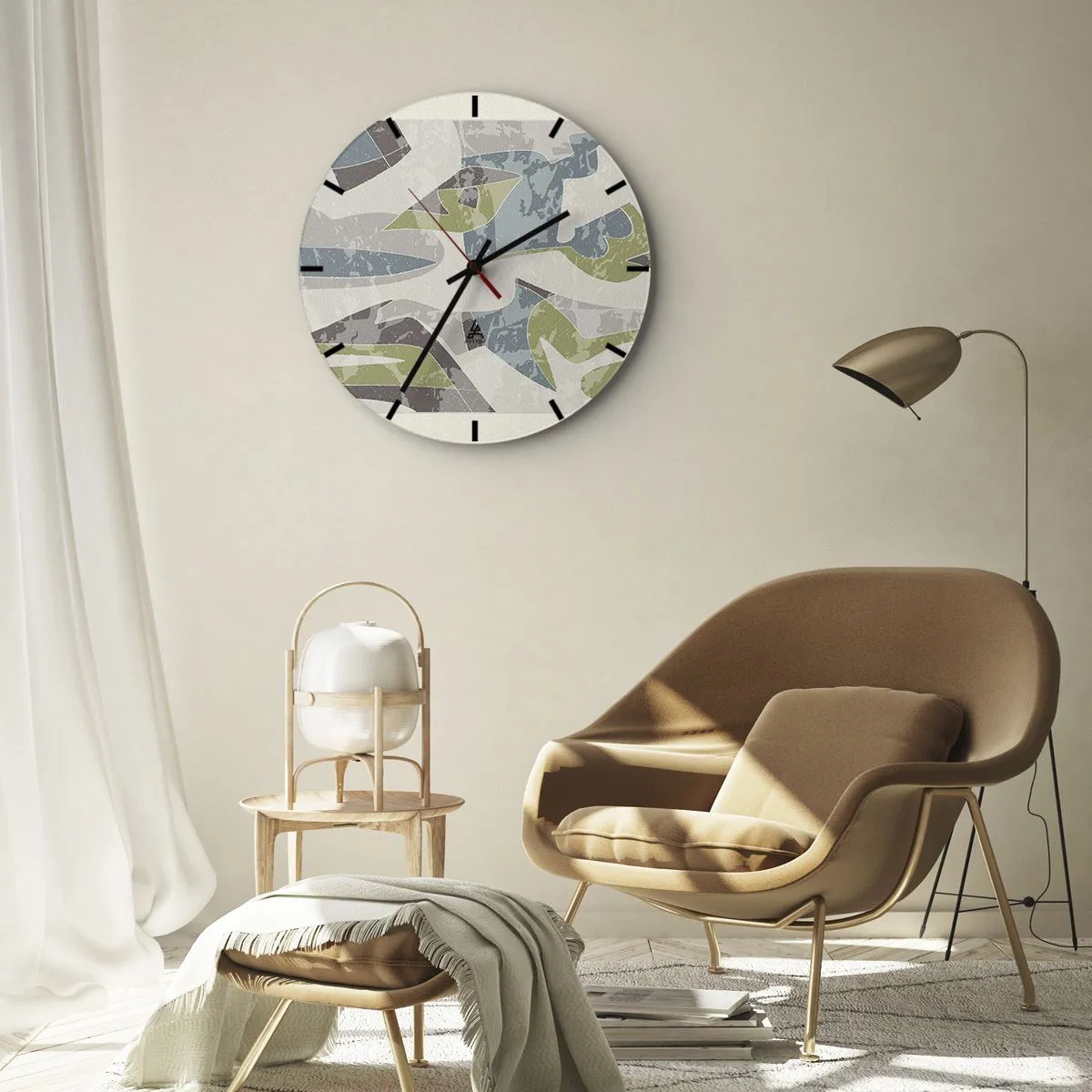 Zegar ścienny - Geometryczne abstrakcje w zieleni i błękicie na jasnym tle - 30x30cm - Kompozycja za szybą - Nowoczesna dekoracja ścienna do salonu, kuchni i sypialni ARTTOR