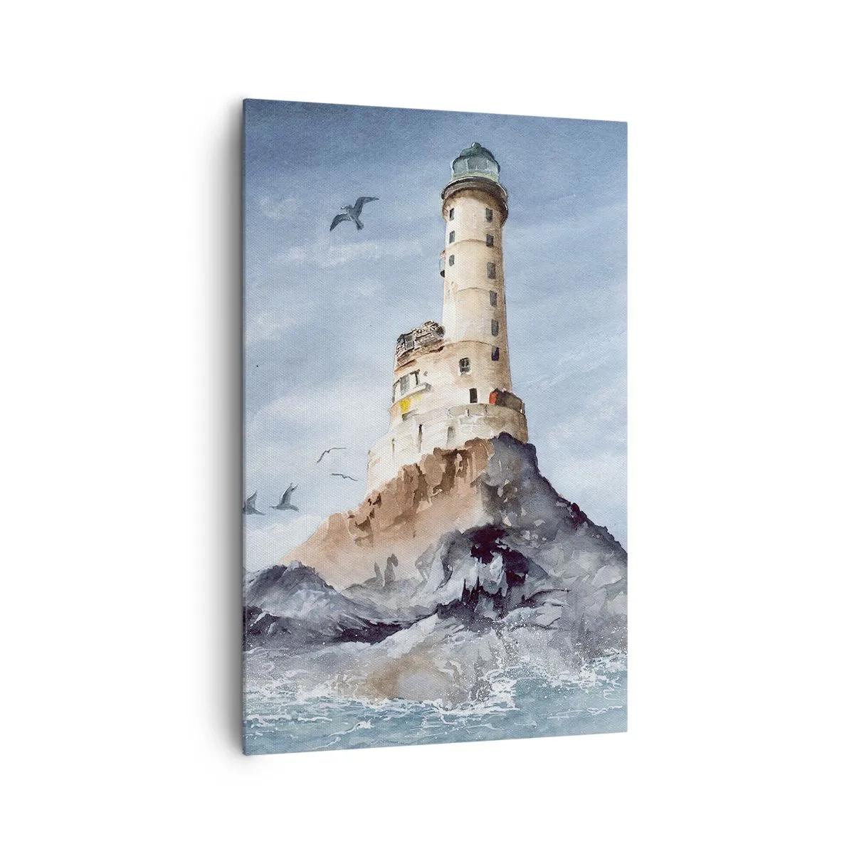 Obraz na płótnie - Akwarelowy obraz latarni morskiej stojącej na skalistym klifie wśród fal oceanu - 80x120cm - Niezwyciężona - Nowoczesna dekoracja ścienna do salonu i sypialni ARTTOR
