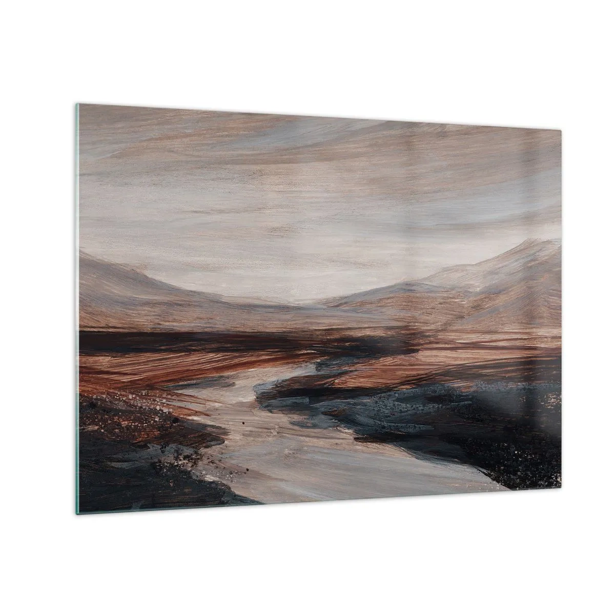 Obraz na szkle - Malownicza dolina z rzeką w odcieniach brązu i błękitu - 70x50cm - Spokojna dolina - Nowoczesna dekoracja ścienna do salonu i sypialni ARTTOR