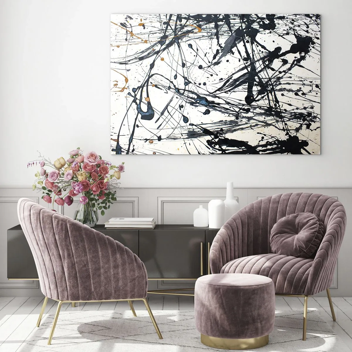 Obraz na szkle - Dynamiczne rozpryski farby na białym tle - 70x50cm - Abstrakcja ekspresjonistyczna - Nowoczesna dekoracja ścienna do salonu i sypialni ARTTOR