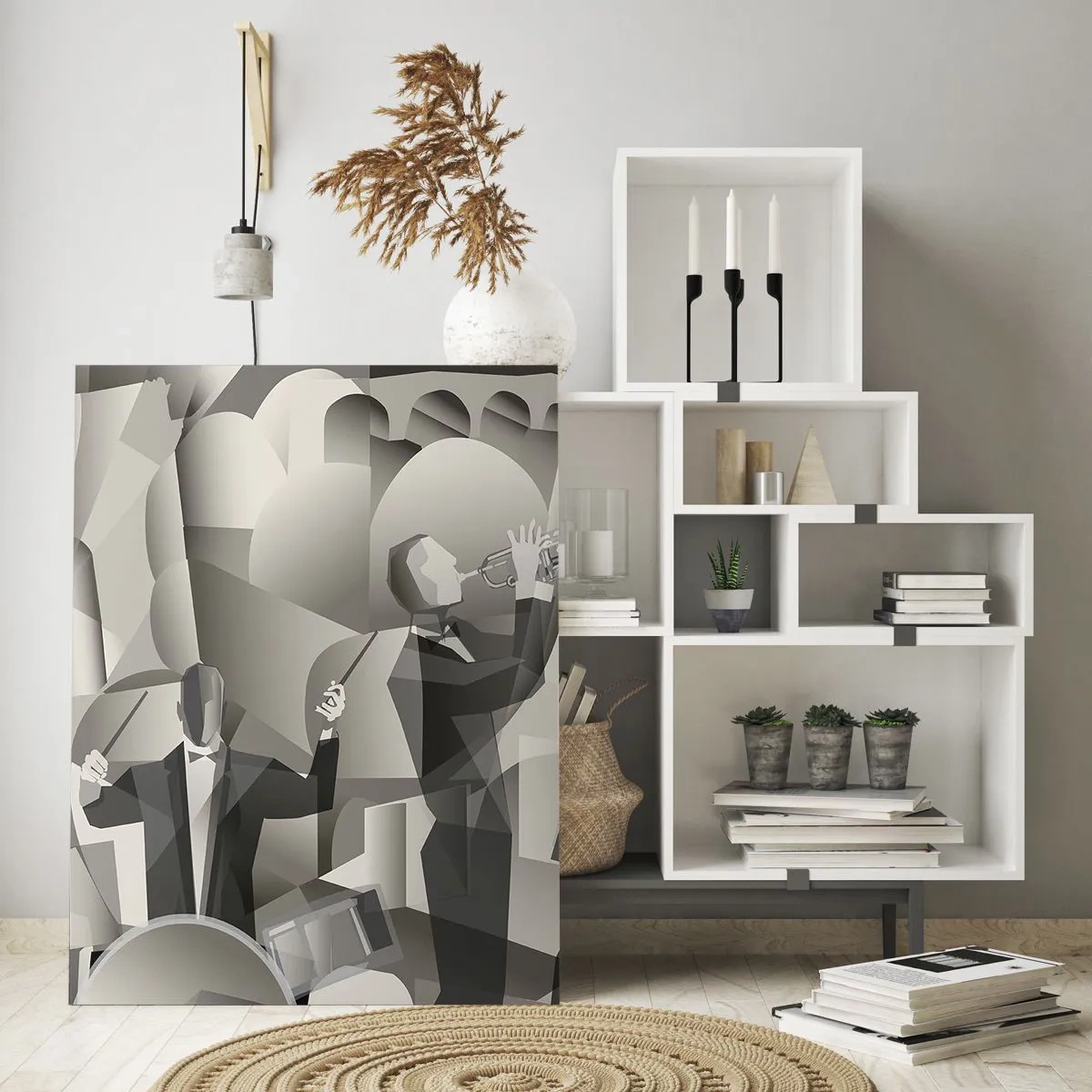 Obraz na szkle - Stylizowana scena zespołu jazzowego w monochromatycznej tonacji - 50x70cm - W przestrzeni dźwięków - Nowoczesna dekoracja ścienna do salonu, kuchni i sypialni ARTTOR