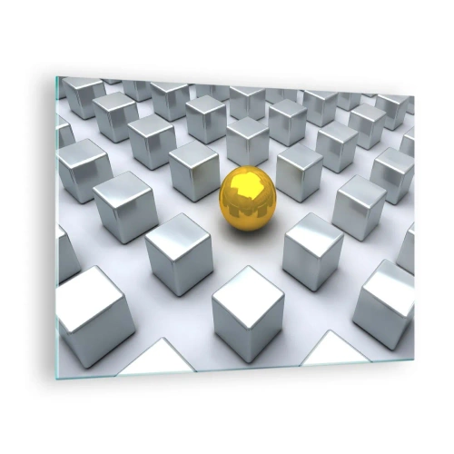 Obraz na szkle - Złota kula otoczona srebrnymi sześcianami - 70x50cm - Dlaczego ja? Kompozycja geometryczna - Nowoczesna dekoracja ścienna do salonu i sypialni ARTTOR
