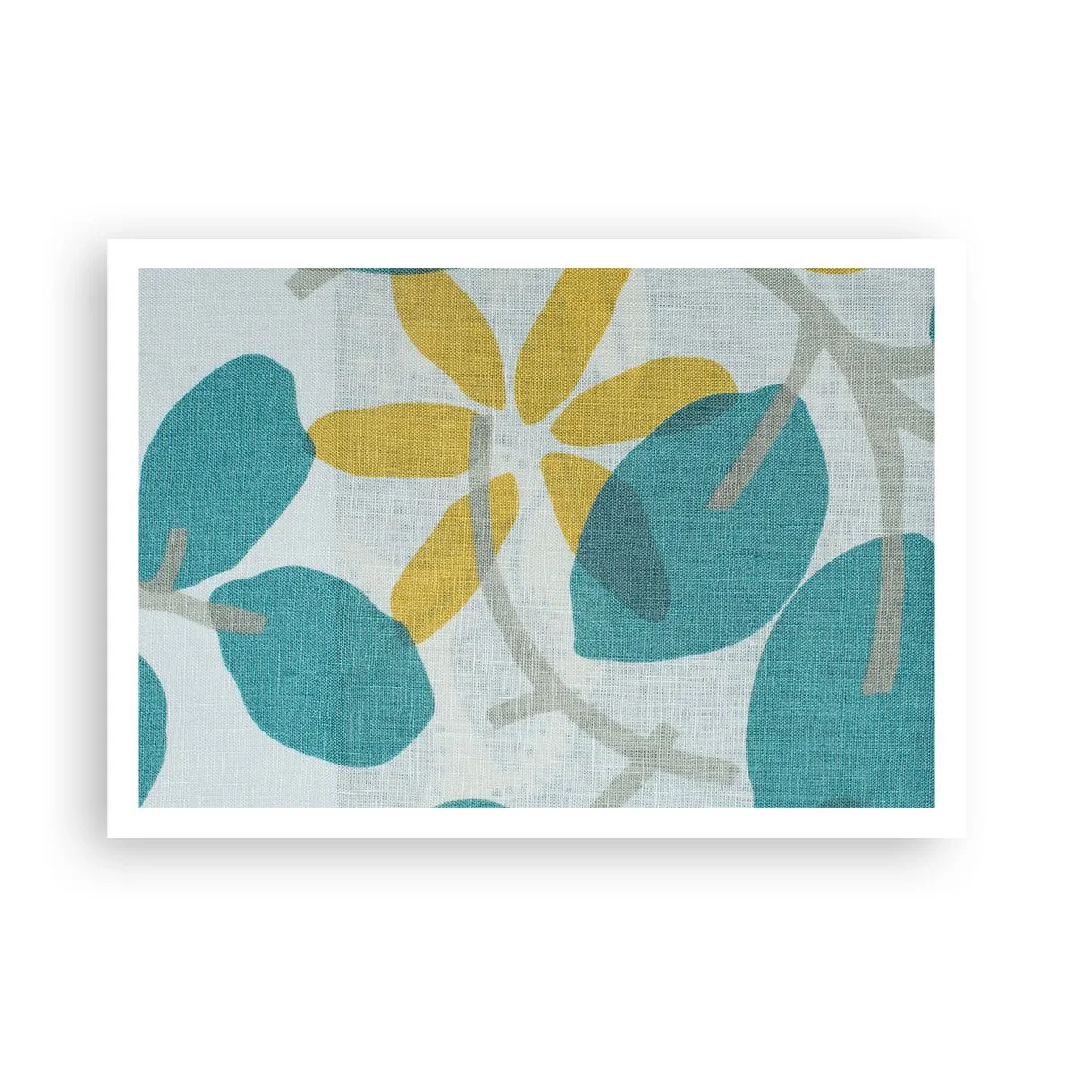 Plakat - Liście w odcieniach turkusu i żółci na jasnym tle - 100x70cm - Wśród lazurowych liści - Nowoczesna dekoracja ścienna do salonu i sypialni ARTTOR