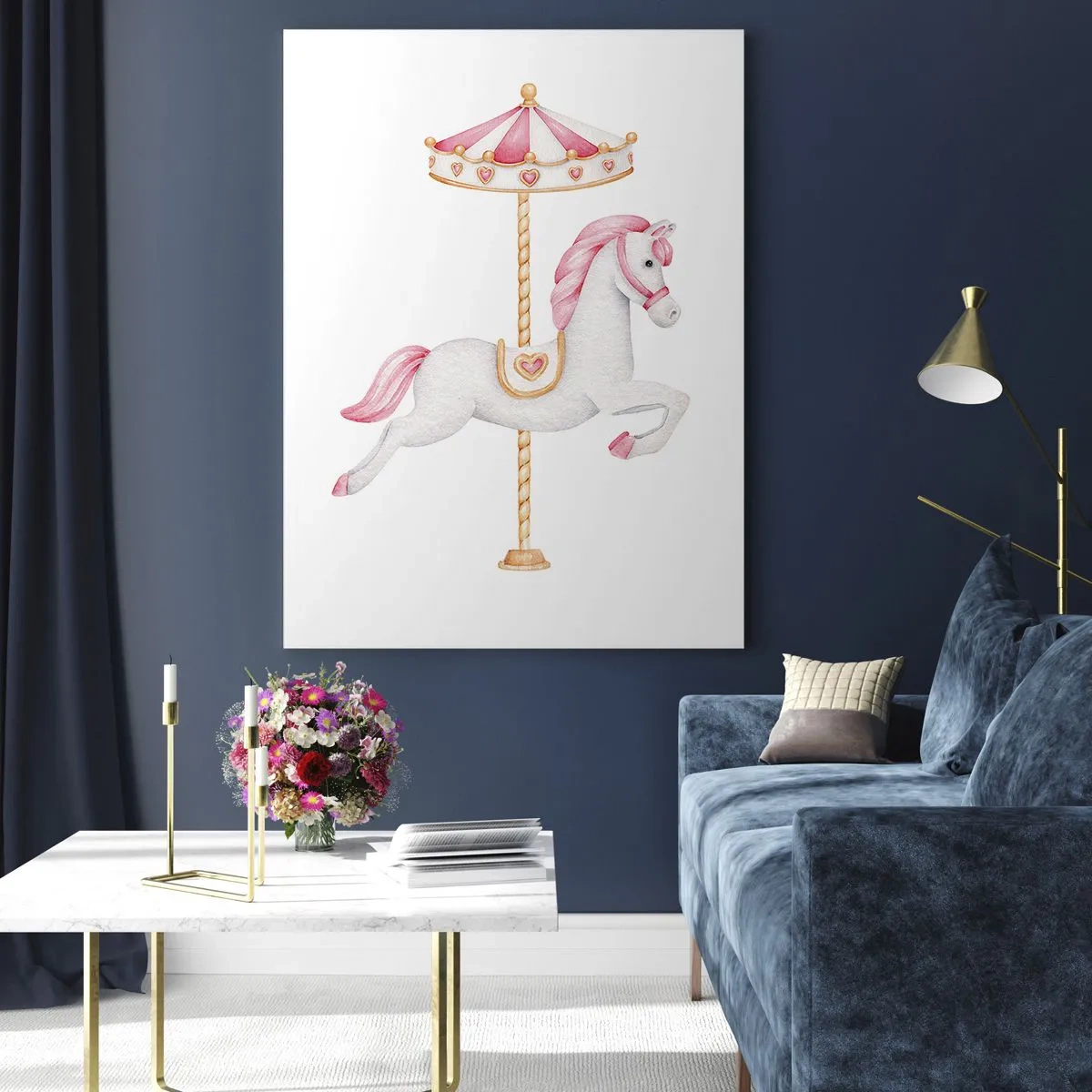 Obraz na szkle - Różowo-biały konik z karuzeli na białym tle - 50x70cm - Ruszył z kopyta - Nowoczesna dekoracja ścienna do salonu, kuchni i sypialni ARTTOR