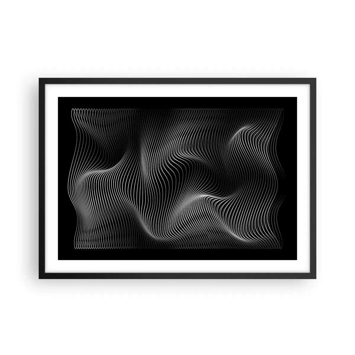 Plakat w czarnej ramie - Abstrakcyjne białe linie na czarnym tle - 70x50cm - Taniec światła w przestrzeni - Nowoczesna dekoracja ścienna do salonu i sypialni ARTTOR
