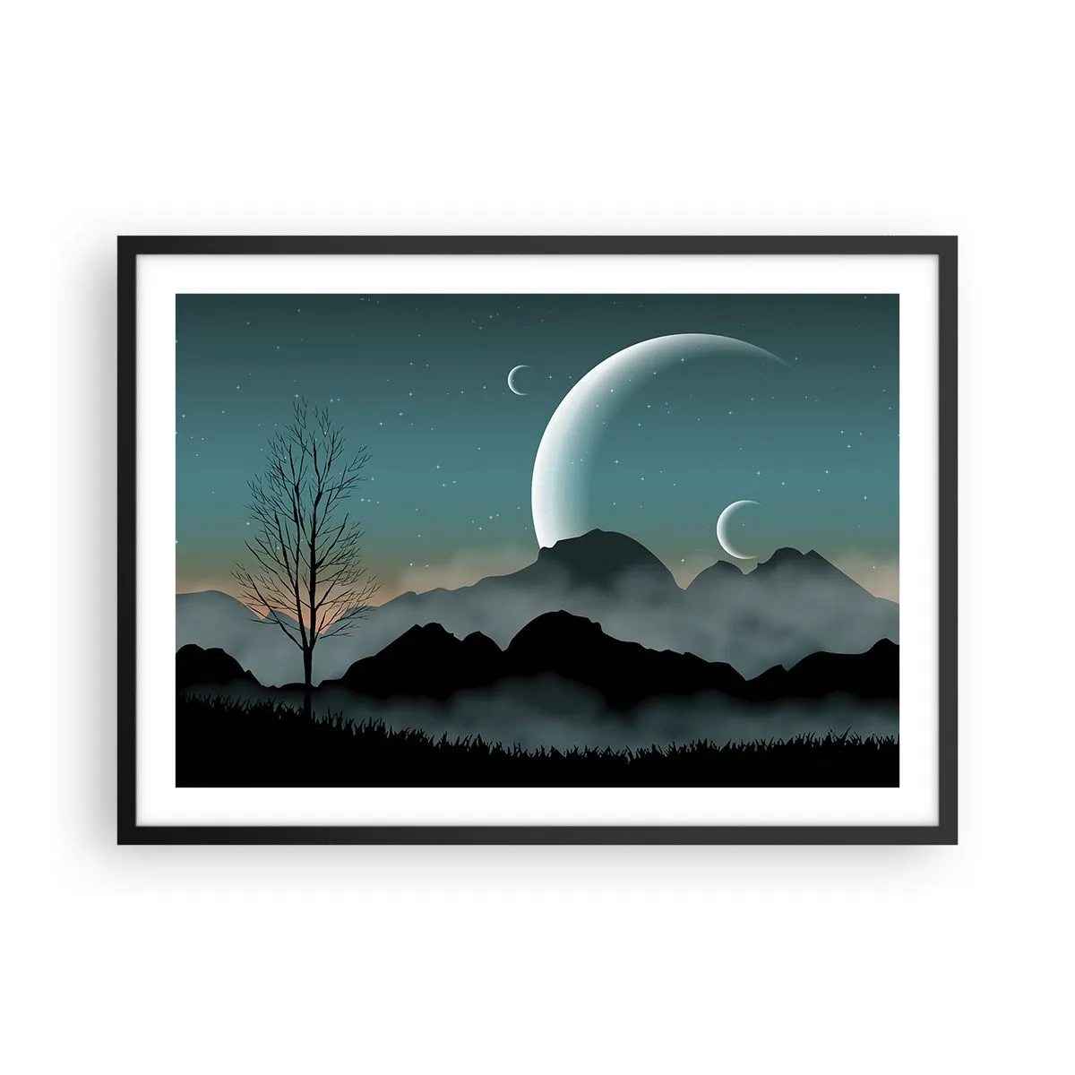 Plakat w czarnej ramie - Mgliste góry z księżycem i samotnym drzewem - 70x50cm - Karnawał gwiaździstej nocy - Nowoczesna dekoracja ścienna do salonu i sypialni ARTTOR