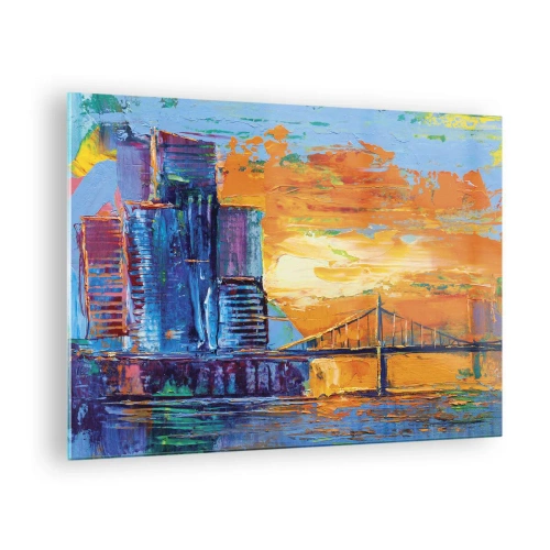 Obraz na szkle - Kolorowe miasto i most w blasku zachodzącego słońca - 70x50cm - Kultura i natura - Nowoczesna dekoracja ścienna do salonu i sypialni ARTTOR