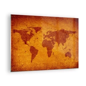 Obraz na szkle - Mapa świata w ciepłych, sepia-tonowanych barwach - 70x50cm - Zaproszenie do podróży - Nowoczesna dekoracja ścienna do salonu i sypialni ARTTOR