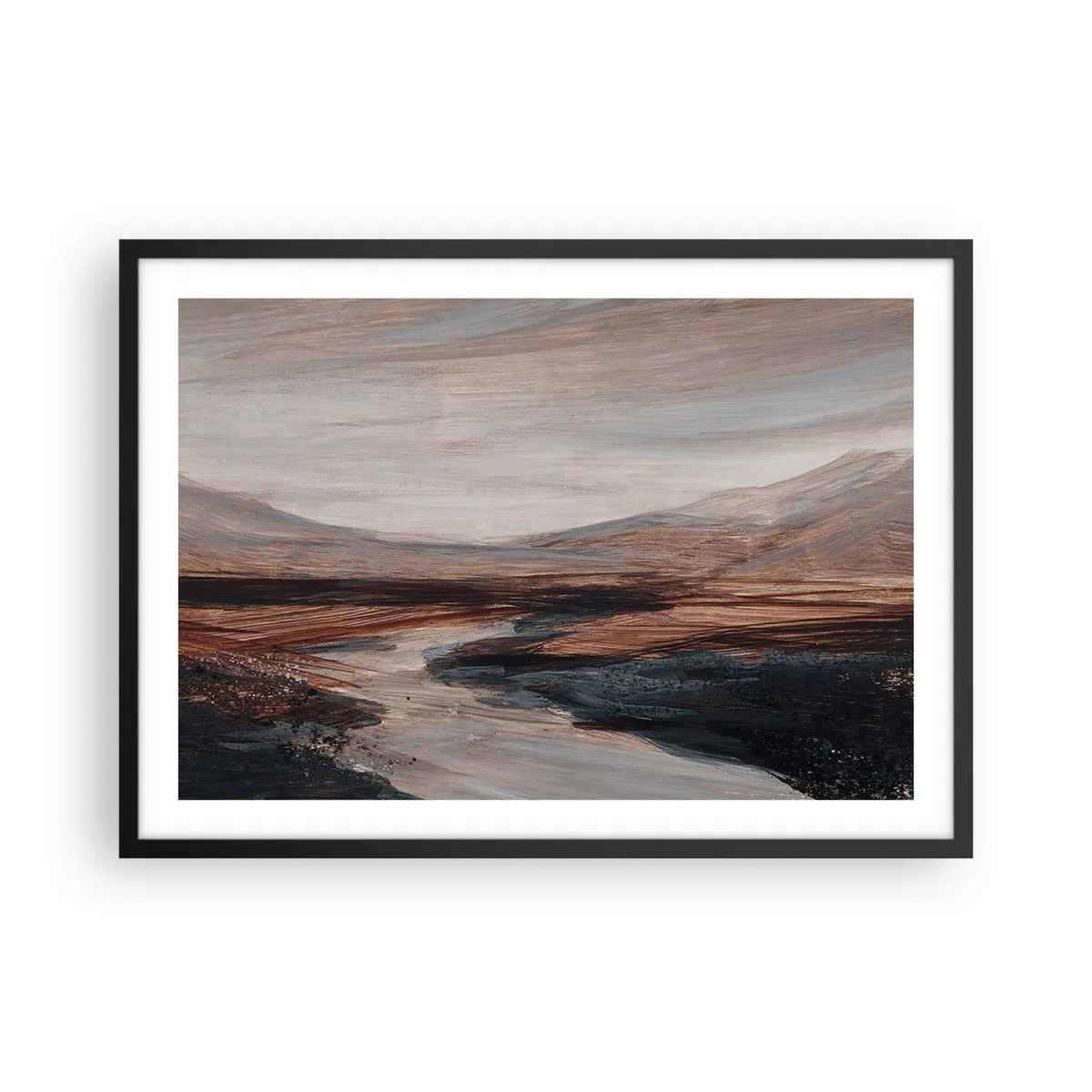 Plakat w czarnej ramie - Malowniczy krajobraz z rzeką i górami - 70x50cm - Spokojna dolina - Nowoczesna dekoracja ścienna do salonu i sypialni ARTTOR