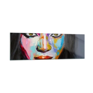 Obraz na szkle - Kolorowy portret kobiety z intensywnym spojrzeniem - 160x50cm - Nie sposób oderwac oczu - Nowoczesna dekoracja ścienna do salonu i sypialni ARTTOR
