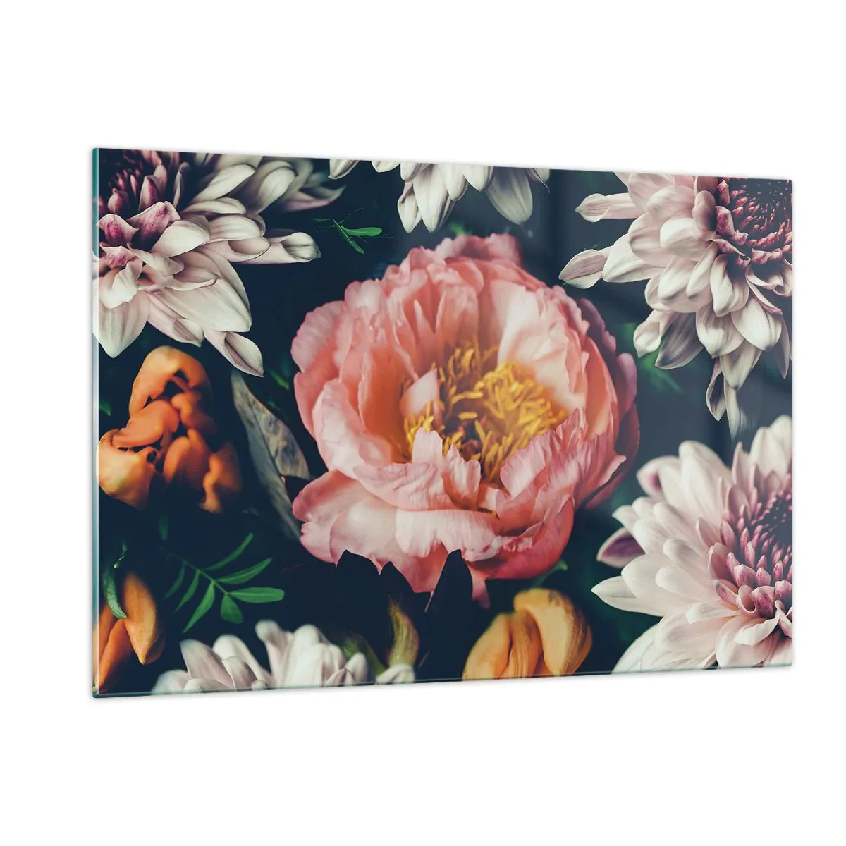 Obraz na szkle - Zbliżenie na piwonie i chryzantemy w pastelowych odcieniach - 120x80cm - Z barokowym przepychem - Nowoczesna dekoracja ścienna do salonu, kuchni i sypialni ARTTOR
