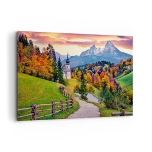Obraz na płótnie - Jesienna górska sceneria z kapliczką i zachodem słońca - 120x80cm - Pejzaż jak malowanie - Nowoczesna dekoracja ścienna do salonu, kuchni i sypialni ARTTOR