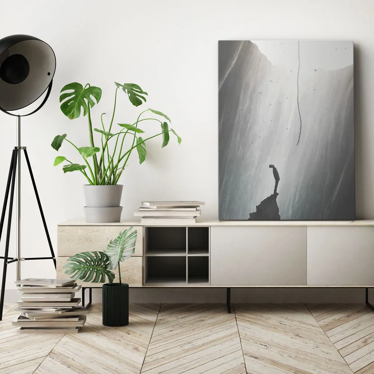 Obraz na płótnie - Postać stojąca na krawędzi klifu w mistycznej aurze światła - 50x70cm - Zawsze jest jakieś wyjście - Nowoczesna dekoracja ścienna do salonu, kuchni i sypialni ARTTOR