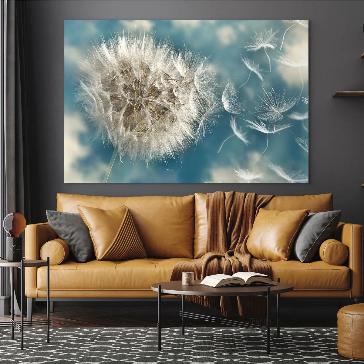 Obraz na szkle - Delikatny dmuchawiec na tle nieba z unoszącymi się nasionami - 70x50cm - Oddech anioła - Nowoczesna dekoracja ścienna do salonu i sypialni ARTTOR