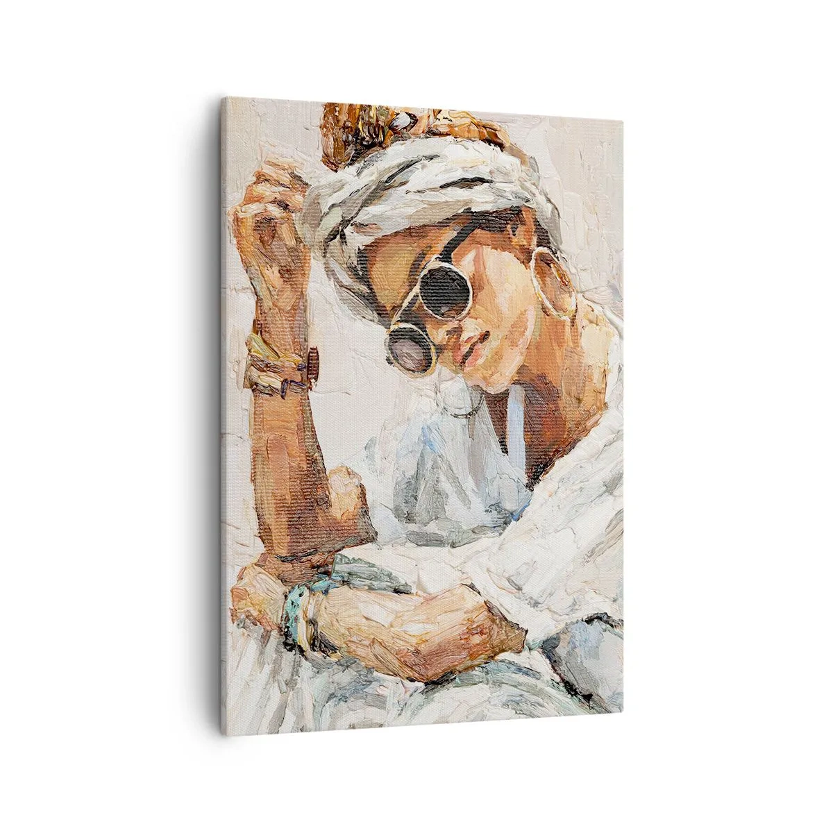 Obraz na płótnie - Stylizowany portret kobiety w okularach przeciwsłonecznych - 50x70cm - Portret w pełnym słońcu - Nowoczesna dekoracja ścienna do salonu, kuchni i sypialni ARTTOR