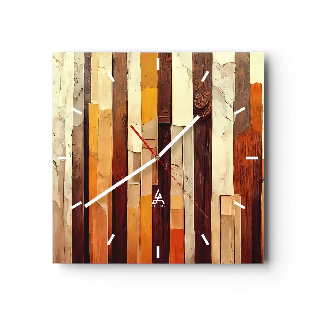 Zegar ścienny - Geometryczna kompozycja w odcieniach drewna i złota - 30x30cm - Hymn leśnych drzew - Nowoczesna dekoracja ścienna do salonu i sypialni ARTTOR