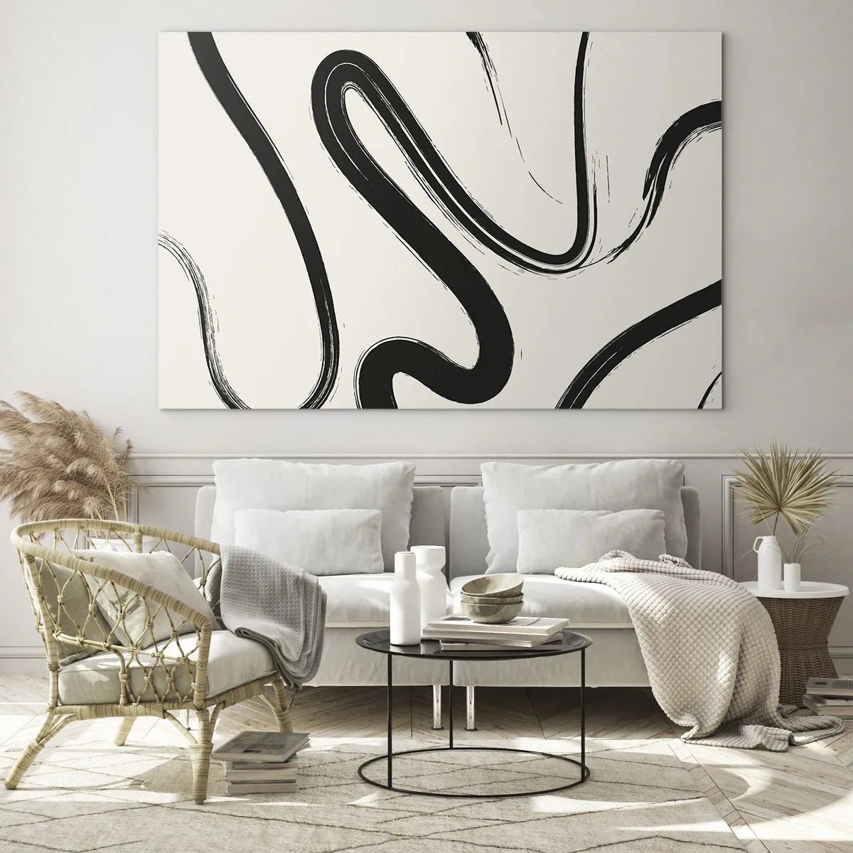 Obraz na szkle - Dynamiczne czarne linie na jasnym tle w stylu abstrakcji - 70x50cm - Czarno-biała fanaberia - Nowoczesna dekoracja ścienna do salonu i sypialni ARTTOR