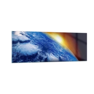Obraz na szkle - Widok na Ziemię z kosmosu przy zachodzącym słońcu - 140x50cm - Wschód słońca nad błękitną planetą - Nowoczesna dekoracja ścienna do salonu i sypialni ARTTOR
