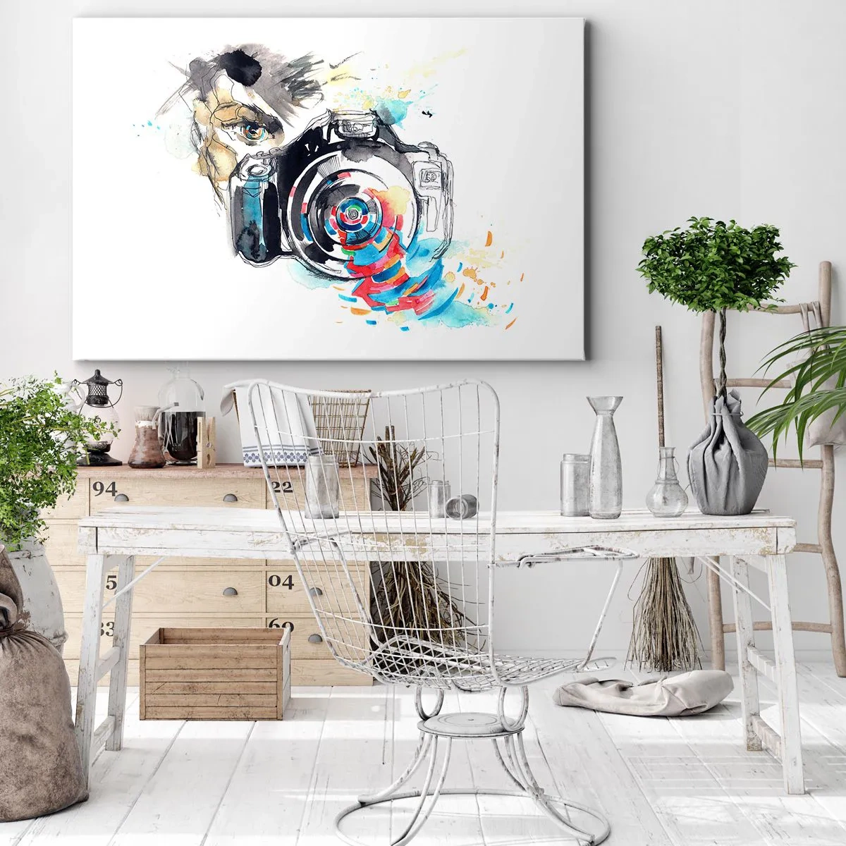 Obraz na płótnie - Akwarela aparatu fotograficznego z kolorowymi detalami - 120x80cm - W oku obiektywu - Nowoczesna dekoracja ścienna do salonu, kuchni i sypialni ARTTOR