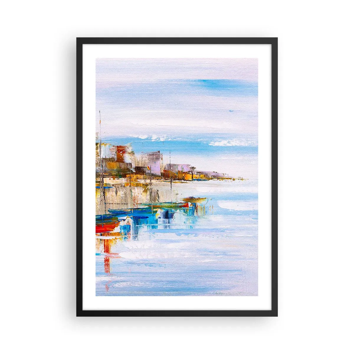 Plakat w czarnej ramie - Kolorowy pejzaż nadmorskiego miasta - 50x70cm - Wielobarwna miejska przystań - Nowoczesna dekoracja ścienna do salonu i sypialni ARTTOR