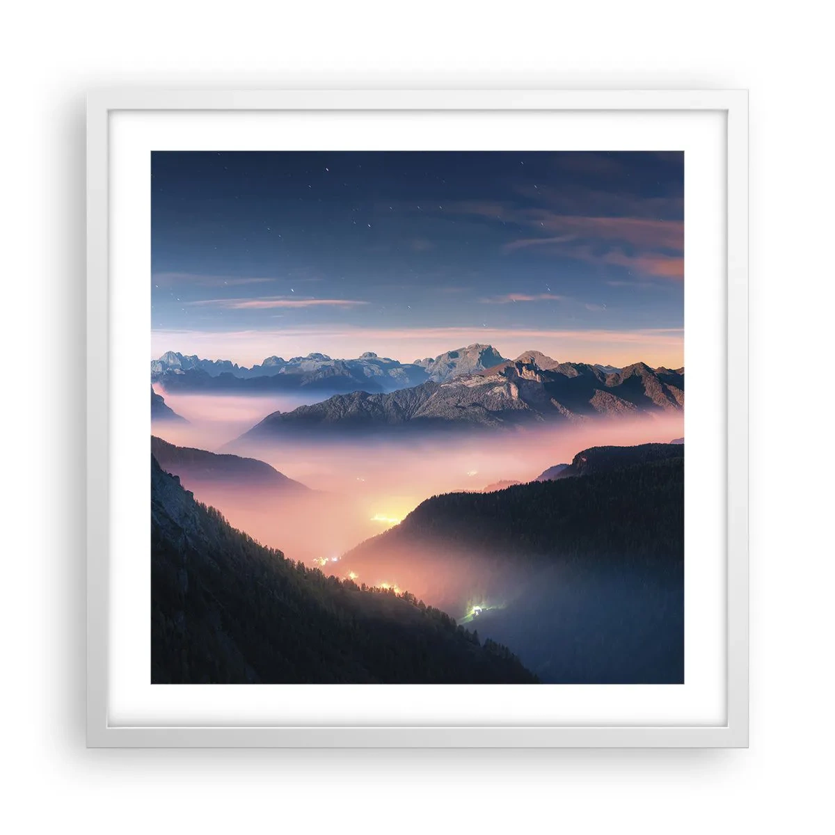 Plakat w białej ramie - Światło w dolinach - 50x50 cm