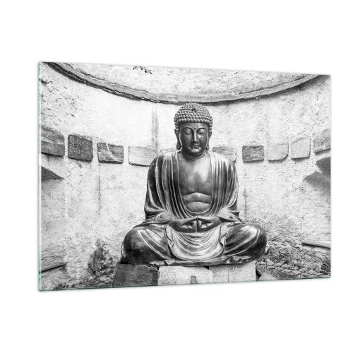 Obraz na szkle - Czarno-biała statua Buddy w medytacyjnej pozie - 120x80cm - U źródeł spokoju - Nowoczesna dekoracja ścienna do salonu, kuchni i sypialni ARTTOR