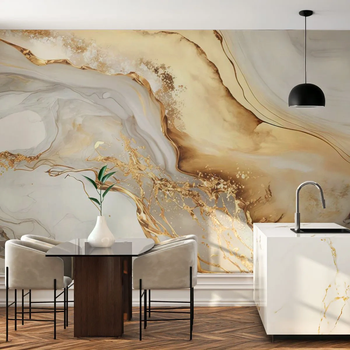 Fototapeta Premium Sand - Złote żyły i smugi na białym marmurowym tle - 100x70cm - Abstrakcja: piękno i dobro - Nowoczesna dekoracja ścienna do salonu, kuchni i sypialni ARTTOR
