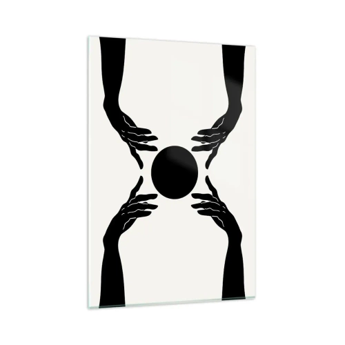 Obraz na szkle - Czarne dłonie w symetrycznej kompozycji z kulą - 80x120cm - Tajemny znak - Nowoczesna dekoracja ścienna do salonu i sypialni ARTTOR