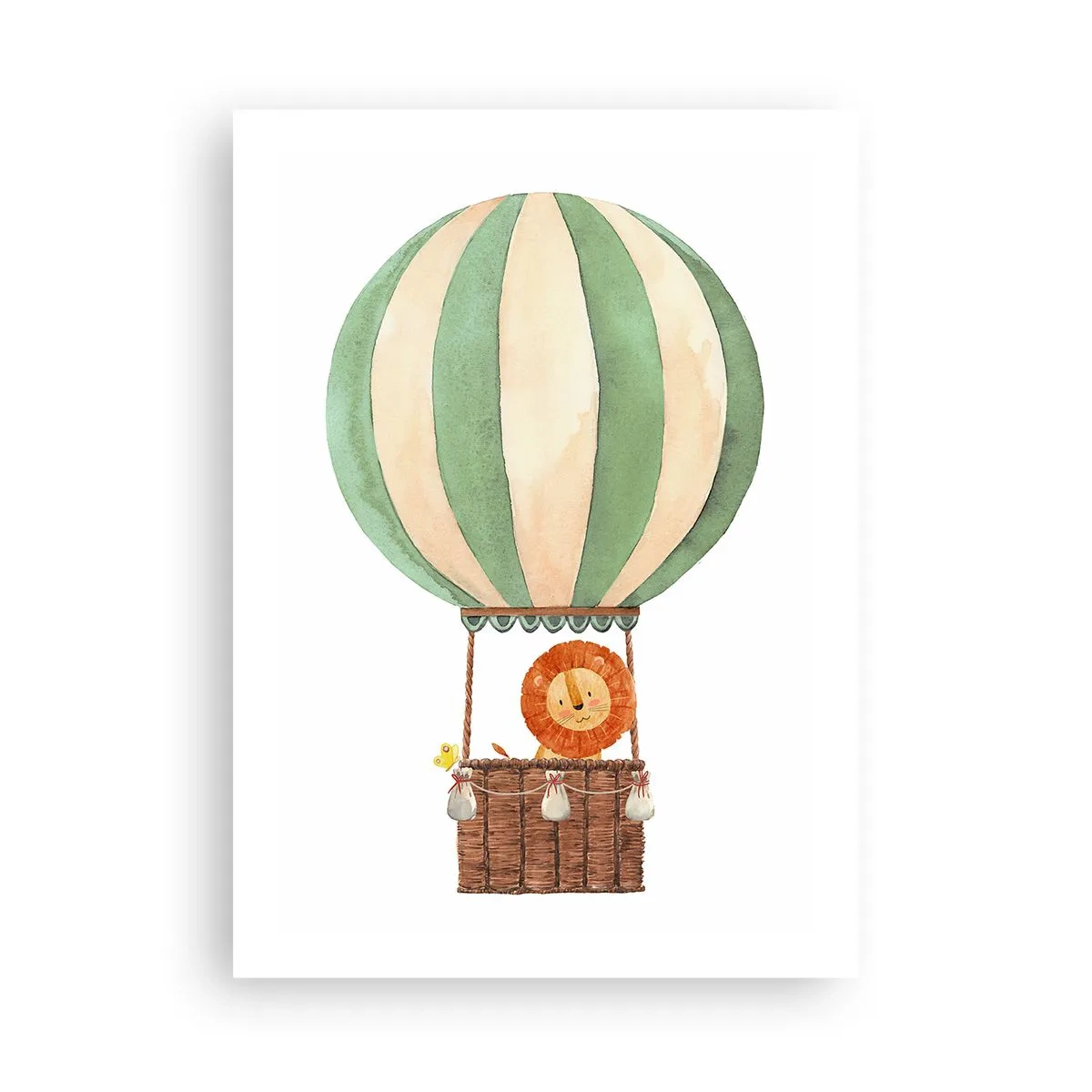 Plakat - Urocza akwarelowa ilustracja lwa podróżującego w balonie na białym tle - 50x70cm - Podróże Leona - Nowoczesna dekoracja ścienna do salonu, kuchni i sypialni ARTTOR