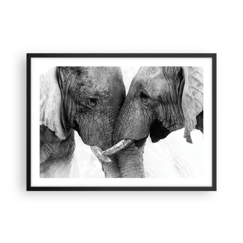 Plakat w czarnej ramie - Dwa słonie w czułym geście na monochromatycznym tle - 70x50cm - Serdeczne wyznanie - Nowoczesna dekoracja ścienna do salonu i sypialni ARTTOR