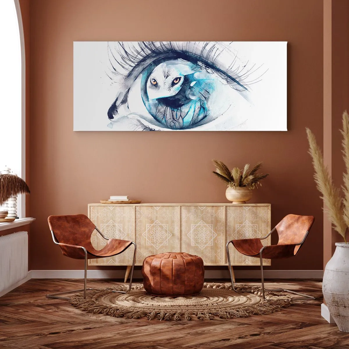 Obraz na płótnie - Oko z wizerunkiem sowy w akwarelowych odcieniach niebieskiego - 120x50cm - Oko w oko z dzikością - Nowoczesna dekoracja ścienna do salonu i sypialni ARTTOR