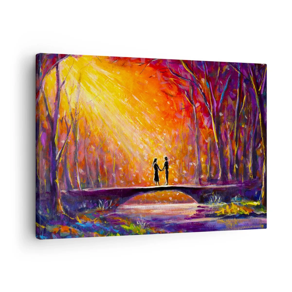 Obraz na płótnie - Romantyczna para na moście w jesiennym lesie - 70x50cm - Niebo ich też kocha - Nowoczesna dekoracja ścienna do salonu i sypialni ARTTOR