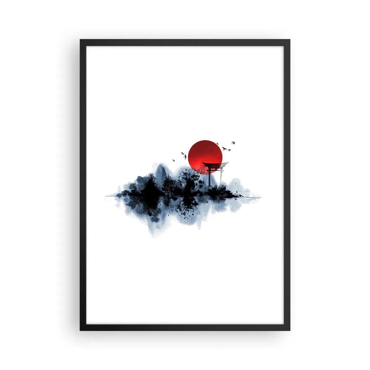 Plakat w czarnej ramie - Czerwona tarcza słońca nad japońską bramą Torii - 50x70cm - Japoński widok - Nowoczesna dekoracja ścienna do salonu i sypialni ARTTOR