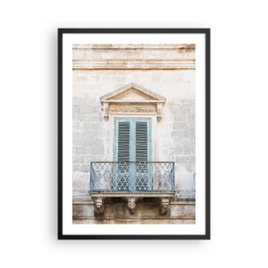 Plakat w czarnej ramie - Zabytkowy balkon z niebieskimi okiennicami w stylu śródziemnomorskim - 50x70cm - Niepowtarzalny urok Italii - Nowoczesna dekoracja ścienna do salonu i sypialni ARTTOR