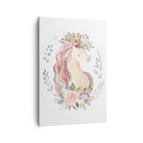 Obraz na płótnie - Jednorożec w pastelowych kolorach otoczony kwiatami - 70x100cm - Zaproszenie do świata baśni - Nowoczesna dekoracja ścienna do salonu i sypialni ARTTOR