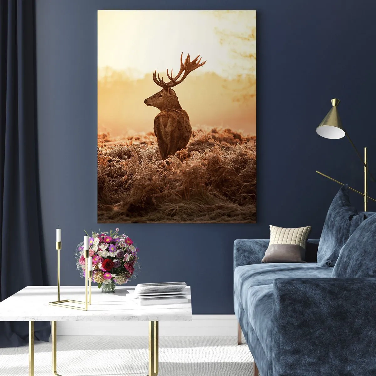 Obraz na szkle - Jeleń w promieniach wschodzącego słońca - 70x100cm - Pan na włościach - Nowoczesna dekoracja ścienna do salonu i sypialni ARTTOR