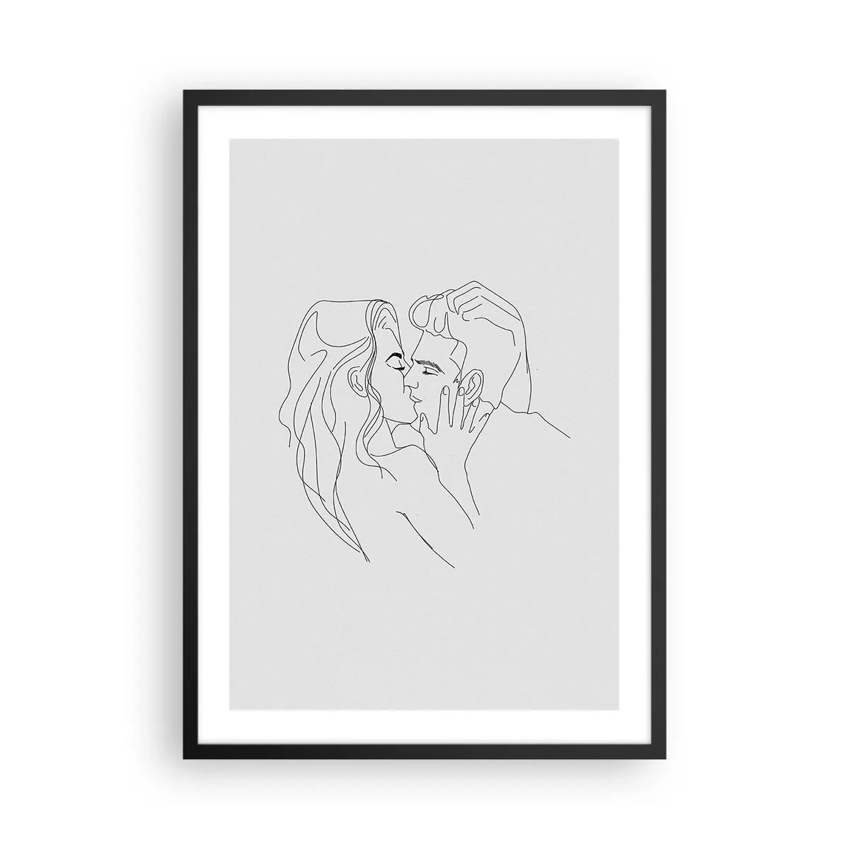 Plakat w czarnej ramie - Minimalistyczna kreskówka przedstawiająca pocałunek pary - 50x70cm - Tą samą kreską - Nowoczesna dekoracja ścienna do salonu i sypialni ARTTOR