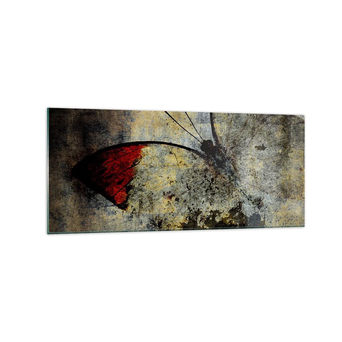 Obraz na szkle - Motyl w odcieniach czerwieni i szarości na teksturowanym tle - 120x50cm - Patrz, zanim zniknę - Nowoczesna dekoracja ścienna do salonu i sypialni ARTTOR