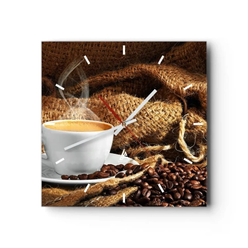 Zegar ścienny - Filiżanka kawy otoczona workiem z ziarnami kawy - 30x30cm - Zapach moki i gęstość miodowego płynu - Nowoczesna dekoracja ścienna do salonu i sypialni ARTTOR