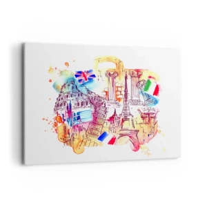 Obraz na płótnie - Akwarela europejskich symboli z flagami krajów - 100x70cm - Europejskie tourne - Nowoczesna dekoracja ścienna do salonu, kuchni i sypialni ARTTOR