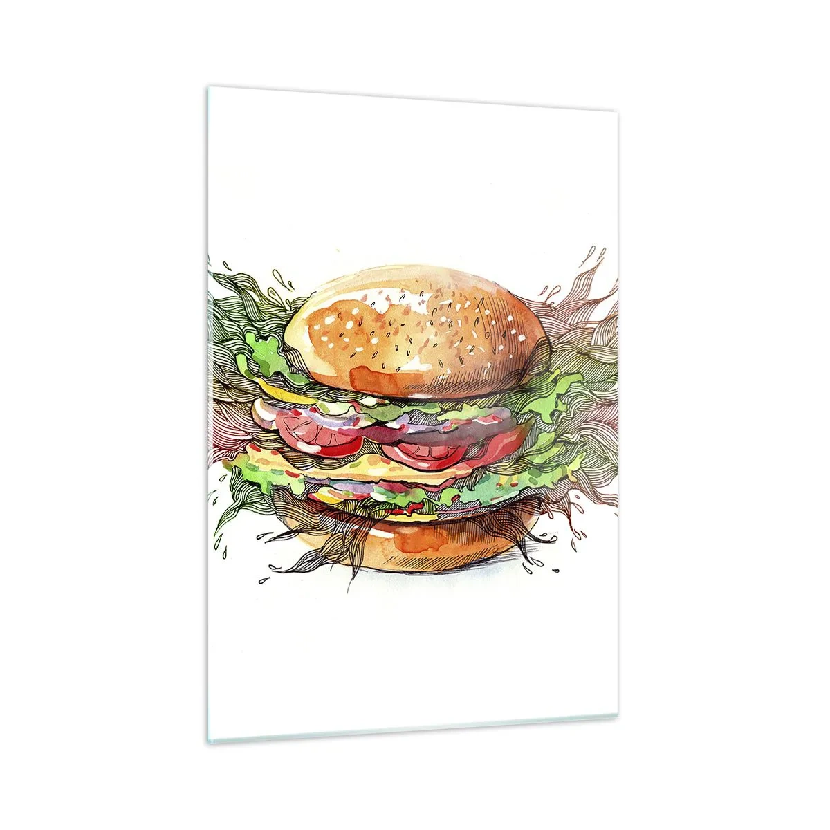 Obraz na szkle - Artystyczny rysunek burgera z detalami w stylu akwareli - 50x70cm - Gorąca pokusa - Nowoczesna dekoracja ścienna do salonu, kuchni i sypialni ARTTOR