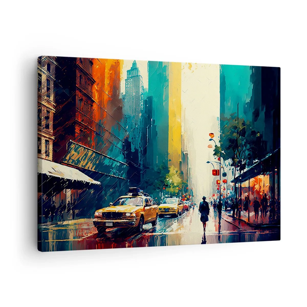 Obraz na płótnie - Tętniące życiem miasto z taksówkami i przechodniami - 70x50cm - Nowy Jork – tu nawet deszcz jest kolorowy - Nowoczesna dekoracja ścienna do salonu i sypialni ARTTOR