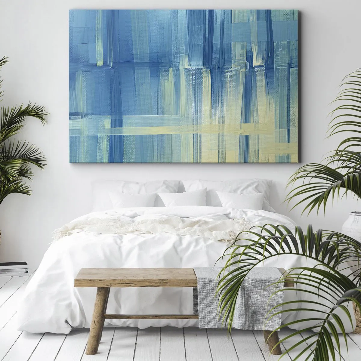 Obraz na płótnie - Abstrakcyjny obraz w odcieniach turkusu i błękitu z geometrycznymi pociągnięciami pędzla - 70x50cm - Kompozycja w turkusie - Nowoczesna dekoracja ścienna do salonu i sypialni ARTTOR