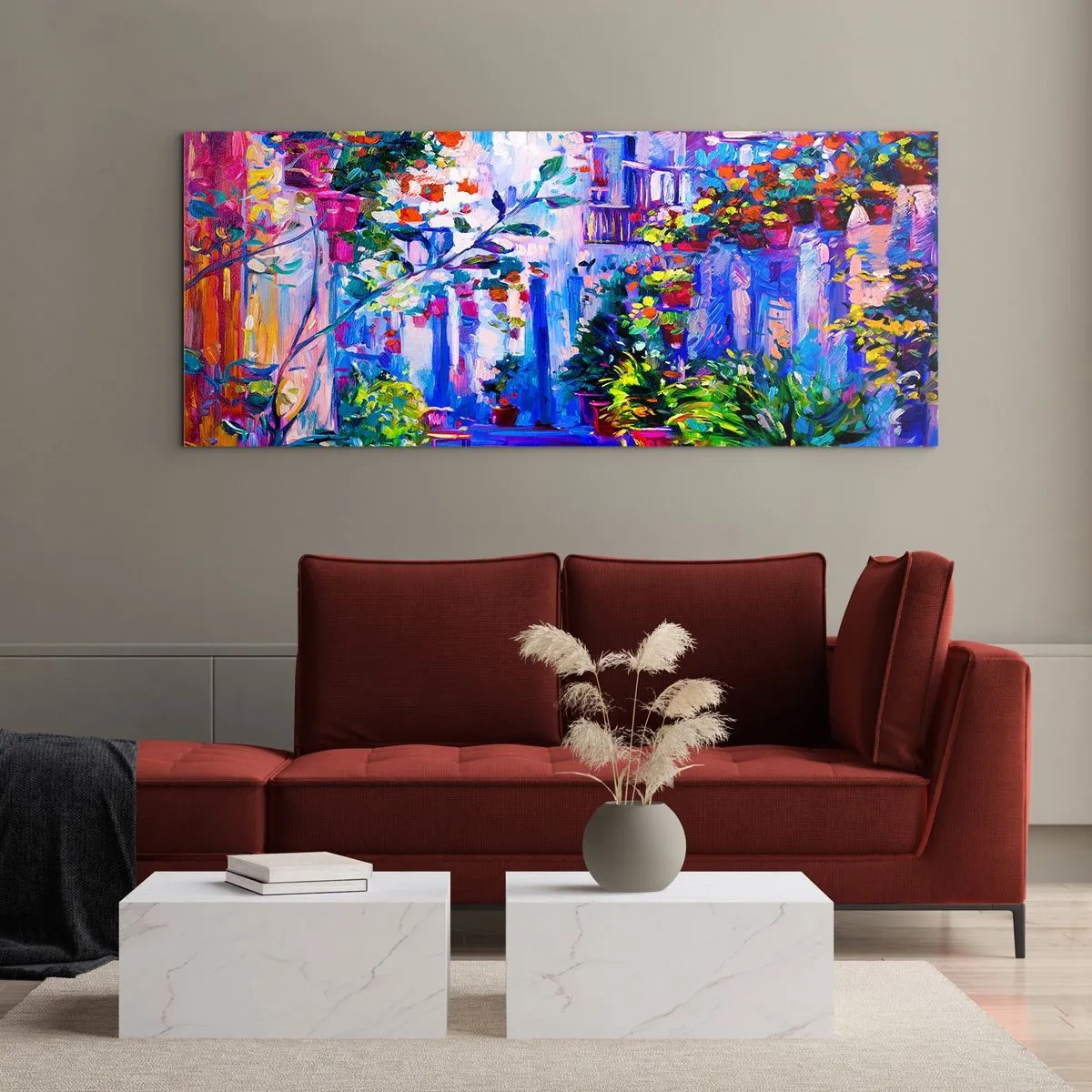 Obraz na szkle - Kolorowa uliczka pełna kwiatów - 140x50cm - Impresja - włoska uliczka - Nowoczesna dekoracja ścienna do salonu i sypialni ARTTOR