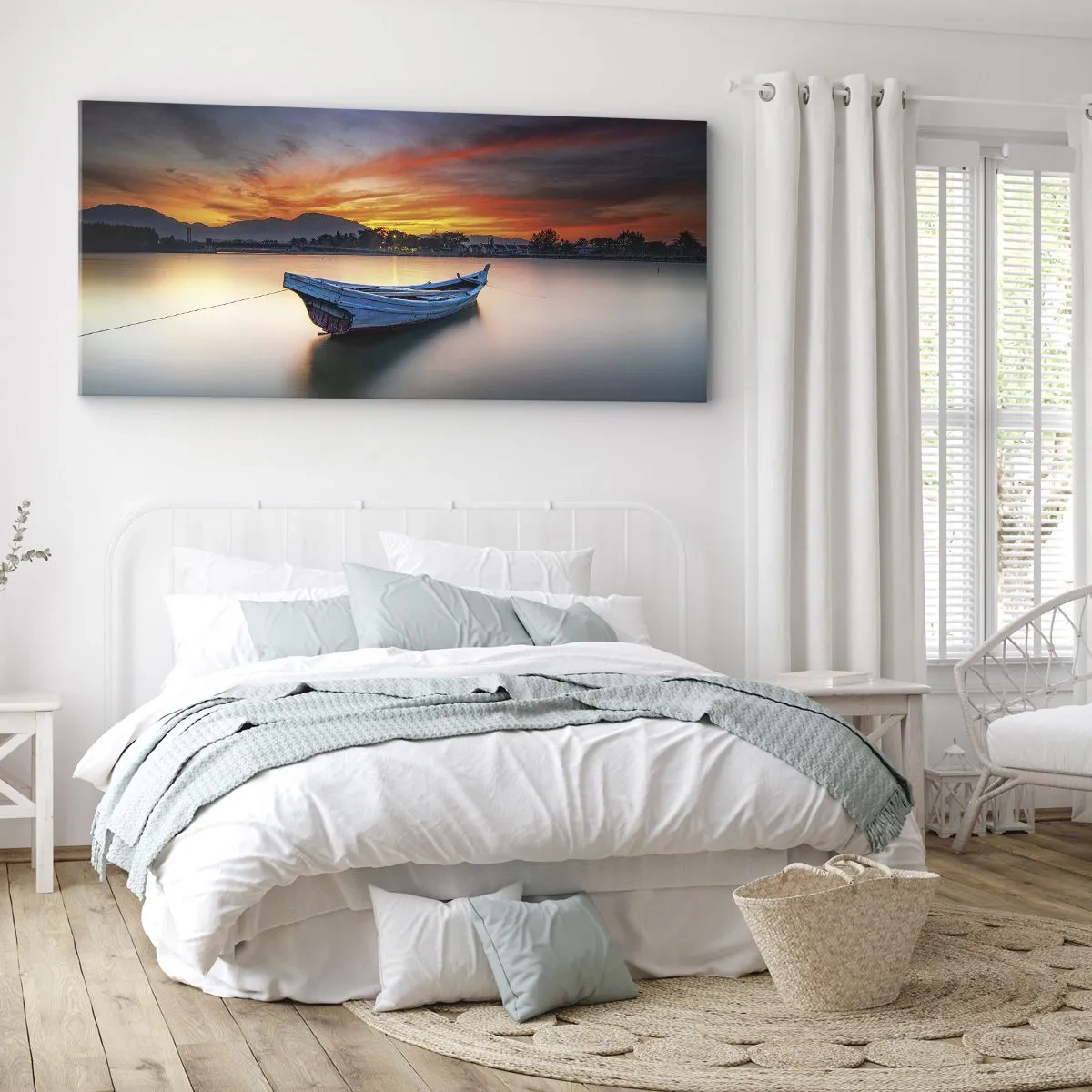 Obraz na płótnie - Łódź na wodzie podczas malowniczego zachodu słońca - 160x50cm - Nadchodzi dobra noc - Nowoczesna dekoracja ścienna do salonu i sypialni ARTTOR