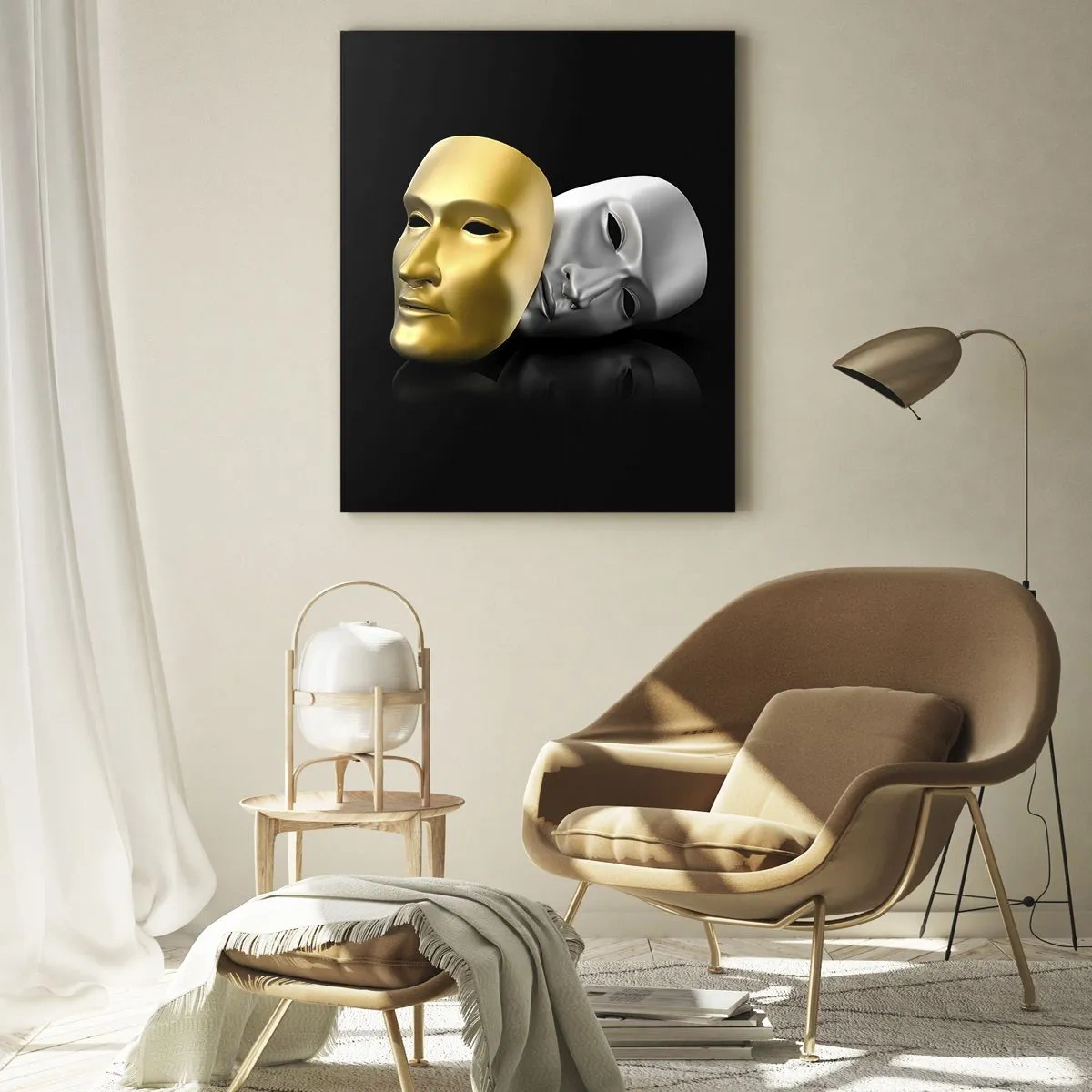 Obraz na szkle - Złota i srebrna maska na czarnym tle - 50x70cm - Życie to jest teatr - Nowoczesna dekoracja ścienna do salonu, kuchni i sypialni ARTTOR