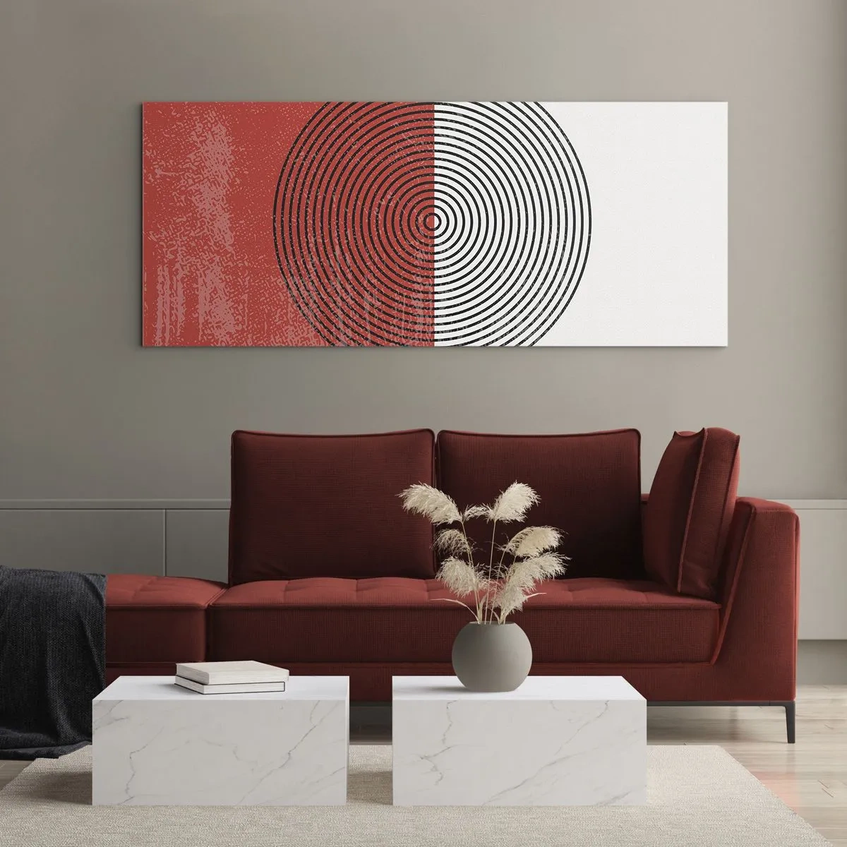 Obraz na szkle - Geometryczny wzór z koncentrycznymi kołami na czerwono-białym tle - 120x50cm - W samo sedno - Nowoczesna dekoracja ścienna do salonu i sypialni ARTTOR