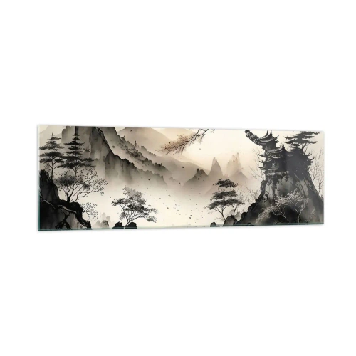 Obraz na szkle - Orientalny krajobraz z górami i pagodą w delikatnych odcieniach - 160x50cm - Niepowtarzalny urok orientu - Nowoczesna dekoracja ścienna do salonu i sypialni ARTTOR